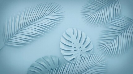 Tropical Leaves in Monochromatic Blue Tone with Soft Lighting on Flat Surface for Background Design