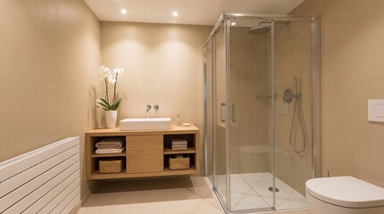 Modern bathroom interior with glass shower enclosure in warm beige tones and soft lighting for home decor