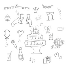 Hand-drawn celebration and party elements in minimal line art style. Birthday cake, balloons, champagne glasses, gifts, decorations, music and festive symbols. Perfect for invitations, greeting cards,
