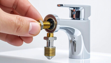 Hand installing metal aerator adapter onto modern chrome bathroom faucet