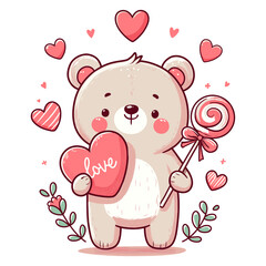 Fototapeta premium Cute Teddy Bear Holding Love Heart and Lollipop
