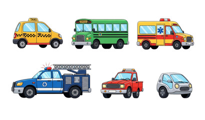Naklejka premium Playful cartoon city transport car vector set with taxis, buses, and emergency vehicles isolated on transparent background