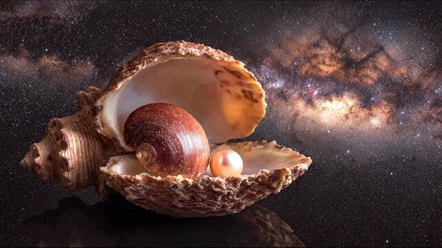 A large seashell holds a smaller shell and a pearl, with a breathtaking starry night background