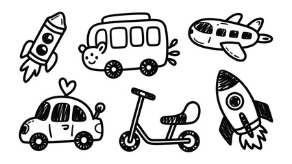 Naklejka premium Playful Transport Collection: Charming hand-drawn illustrations of vehicles, including a rocket, bus, airplane, car, scooter, evoking a sense of adventure and imaginative travel for any kid.