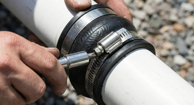Hands tightening metal hose clamp on black rubber pipe coupling