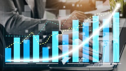 Dynamic business analytics image showcasing data visualization with rising graphs and digital charts, representing team collaboration in a modern workspace environment. Copula - Powered by Adobe