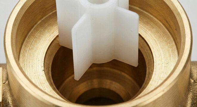 Inside view of brass check valve housing with white plastic plunger