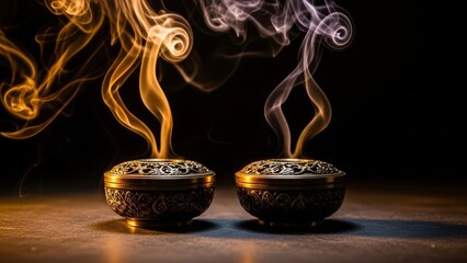 Two ornate brass incense burners with swirling amber and violet smoke against a dark background.