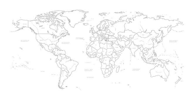 Blank political world map outline showing country borders ready for coloring or educational labeling exercises