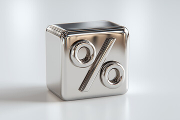 Silver metal cube with engraved percent symbol on smooth background