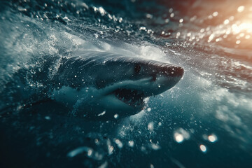 Great white shark in dynamic ocean waves at sunrise