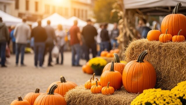 Autumn harvest festival scene with diverse people walking past pumpkin stalls in a sunlit town square