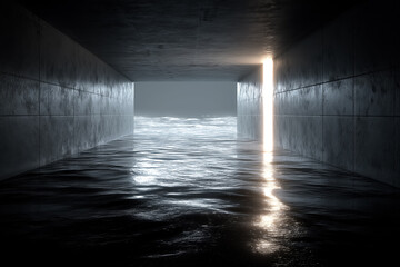 Mysterious tunnel with water and light exit leading to endless horizon