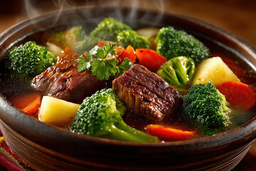Hearty beef stew with vegetables in rustic bowl on wooden table