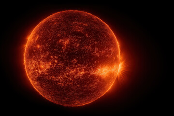 Fiery solar landscape with eruptions and sunspots in space