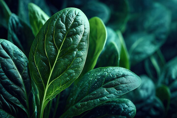 Vibrant green spinach leaves with water droplets in close-up
