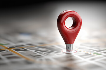 Red map pin on a city map marking location in focused lighting