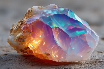 Colorful opal gemstone with iridescent light reflection on stone surface