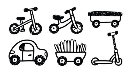 Childhood Transport Collection: An artistic monochrome sketch of various children's vehicles, from bikes and wagons to a scooter and a charming little car. © mahmuda428