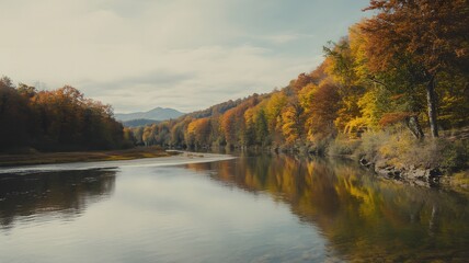 Fototapeta premium Autumn River Reflection With Colorful Trees And Mountains Under Soft Clear Day Sky