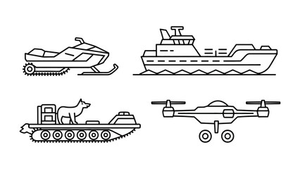 Transportation Line Icons: A collection of various transportation mode icons, each uniquely designed with clear lines and minimalist shapes, against a monochrome background. © mahmuda428