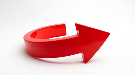 Red arrow in circular motion with glossy finish on white background for business direction