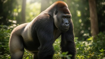 Fototapeta premium Powerful Silverback Gorilla Standing in Lush Green Forest