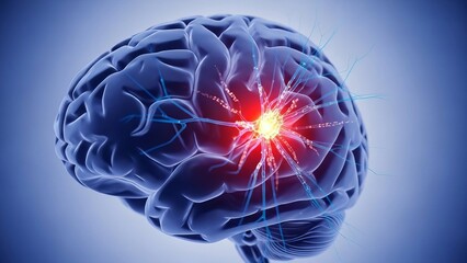 3D human brain illustration with glowing neurons and red inflammation
