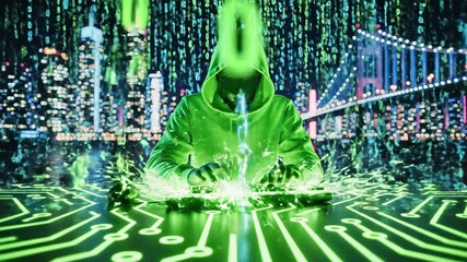 Anonymous hacker in green hoodie typing on keyboard with digital cityscape and matrix code background - Powered by Adobe