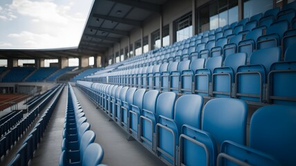 Fototapeta premium Empty Blue Stadium Seats In Sports Arena With Perspective View And Bright Daylight