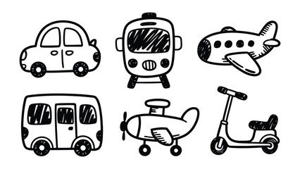 Naklejka premium Transportation Doodle Set: A whimsical collection of hand-drawn transportation illustrations, perfect for adding a playful touch to any project. Each doodle depicts a mode of transport in a simple.