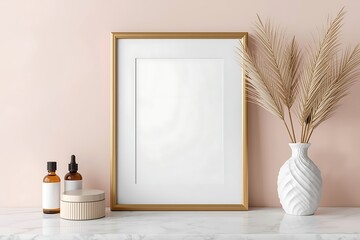 Generative AI Minimalist Interior Scene with Empty Frame and Decor Elements