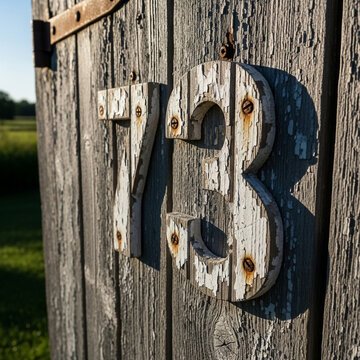 Old weathered wooden house number seventy three on fence