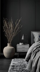 Generative AI Modern Bedroom Interior with Minimalist Decor and Dark Accent Wall