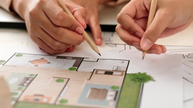Professional engineer team discussion about house design on meeting table with architectural equipment and building blueprint scatter around at modern office. Focus on hand. Closeup. Delineation.