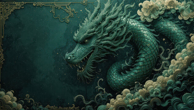 Ancient green dragon illustration emerging from clouds in classic oriental art style, symbolizing wisdom, power and spiritual protection in Asian mythology
