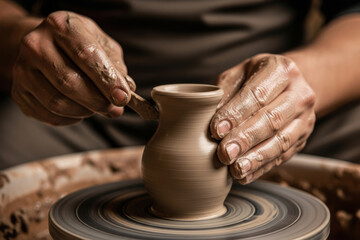 A potter&rsquo;s hands covered in thick, wet clay as they delicately shape a tiny elegant vase on a spinning pottery wheel