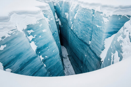 A dramatic glacier crevasse filled with compacted blue ice and fresh white snow