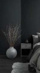 Generative AI Modern Minimalist Bedroom with Elegant Decor and Dark Tones