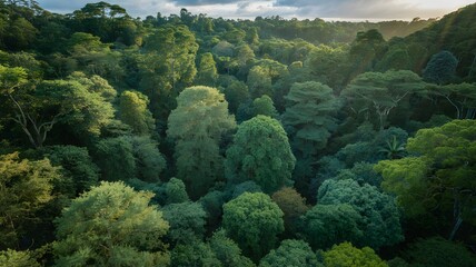 Dense Green Forest Canopy From Above With Soft Light Creating Lush Nature Landscape