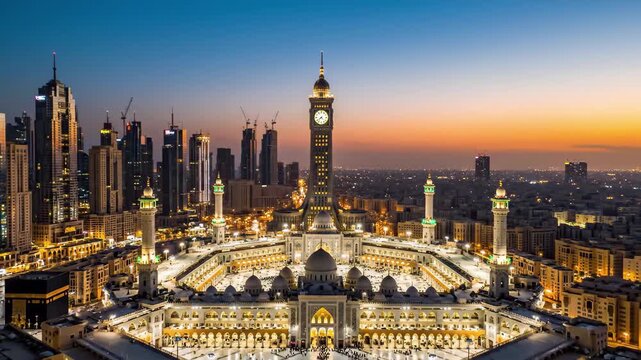Aerial view of the grand mosque masjid alharam and abraj al bait clock tower in mecca at dusk