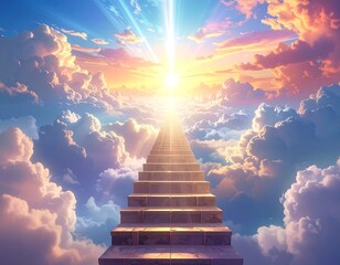 Stairway ascends through clouds to a radiant, vibrant, sunlit sky, evoking a dreamy, surreal, heavenly feeling