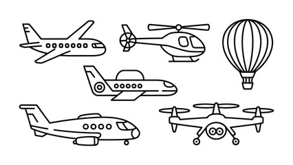 Aviation Icons: A collection of various aircraft icons, including airplanes, helicopters, and a hot air balloon, ideal for transportation, travel, and aviation-themed projects. © Abdul