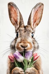 Fototapeta premium A baby bunny rabbit is shown in watercolor, holding a gift of tulips