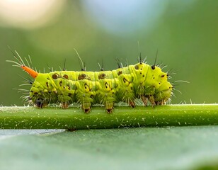 A green caterpillar with black spots and orange tail on leaf