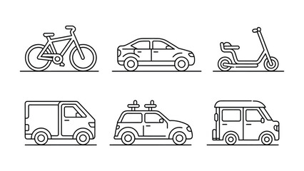 Fototapeta premium Transportation icons: A collection of transportation icons illustrates various modes of transport, from bicycle to car and scooter, capturing the essence of mobility.