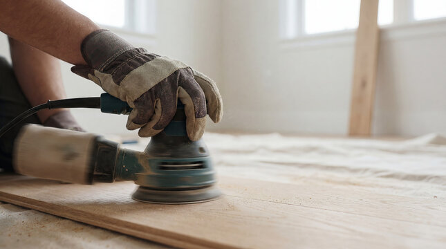 Worker Using Electric Sander on Wooden Floor for Home Renovation
