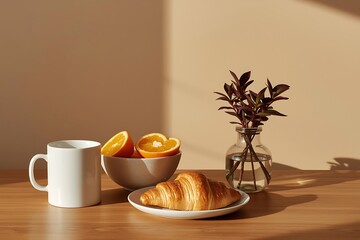 Generative AI Still Life with Coffee Croissant and Fresh Fruits for Cozy Breakfast Ambiance
