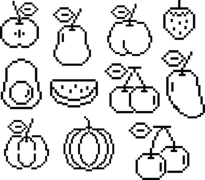 Pixel art fruit and vegetable set outlines of apple, pear, peach, strawberry, avocado, watermelon, cherry, mango, pumpkin for decoration, food icon, grocery shopping, cartoon, colouring book, art