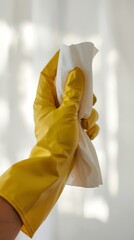 Generative AI Visual of Hand Wearing Yellow Glove Holding Cleaning Cloth and detergent bottle
